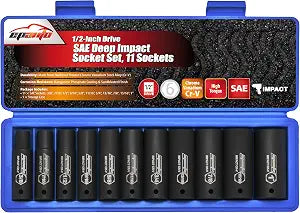 EPAuto 1/2-Inch Drive SAE Deep Impact Socket Set, 6 Points, 11 Sockets