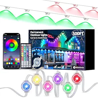 RGB Permanent Outdoor Lights, 500FT Smart LED Eaves Lights with APP & Remote Control, IP67 Waterproof Outdoor String Lights for Christmas, Halloween,Party, Garden, Patio, House Decor(2 Rolls of 250FT)