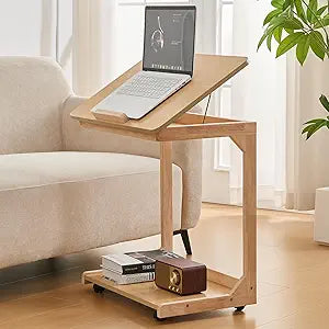 C-Shaped End Table with Wheels - Solid Wood Side Table on Wheels for Couch Sofa, Modern Rolling Tv Tray Under Beside Tables for Living Room, Bedroom, Home Office, Natural, 15.7 in x 23.6 in x 24.8 in