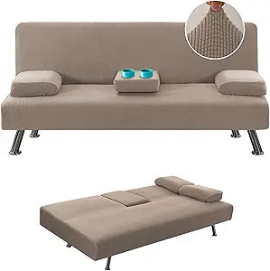 H.VERSAILTEX 4 Pieces Stretch Futon Covers Sofa Bed Slipcover with Removable Armrests and Cupholders Covers Furniture Protector High Spandex Small Checks Jacquard Fabric, Sand