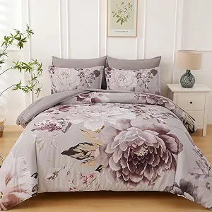 Dintszyayue Floral Comforter Set King Size 7 Pieces Elegant Taupe Flower Bed in a Bag, Soft Comforter Set for All Season with Flat Sheet, Fitted Sheets, Pillowcases & Shams