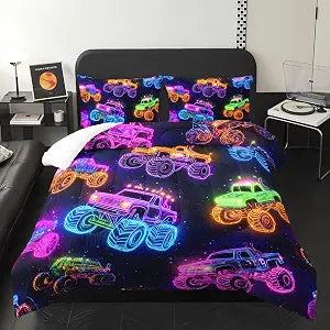 Colorful Neon Off-Road Racing Truck Comforter 3Pcs Twin Cool Speed Race Car Bedding Set for Kid Teen Girl Boy Adult Automobile Extreme Sport Game Quilt Bed Decor with 1 Comforter&2 Pillowcases