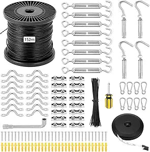 QWORK Globe String Light Suspension Kit - 500FT Black Coated 304 Stainless Steel Cable