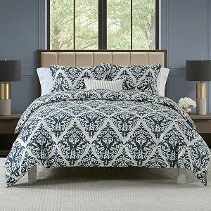 Damask Cotton Queen Duvet Cover 90"x90" ��� Navy Blue, 3 Piece