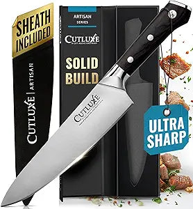 Cutluxe Chef Knife  8" Kitchen Knife, German High Carbon Steel, Full Tang, Ergonomic Handle Design, Sheath Included  Artisan Series