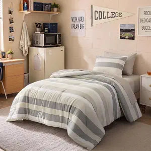 Twin Size Striped Comforter Set, Soft Microfiber Reversible Bedding Sets for All Season 5 Pieces Neutral Bed in A Bag Set with Comforter, Sheets, Pillowcase & Sham