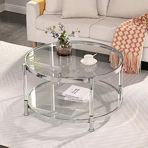 Tempered Glass Round Coffee Table, 28" Modern Acrylic Legs Circle Center Table for Living Room