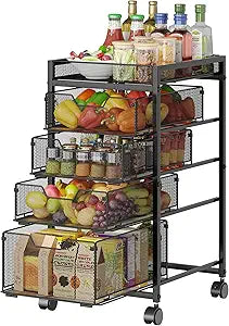 keomaisyto 5-Tier Kitchen Storage Cart with Top Basket & Drawers, Fruit and Vegetable Storage Rack on Wheels, Metal Rolling Cart with Drawers & Kitchen Organization for Snacks, Potatoes, Onions, Cans