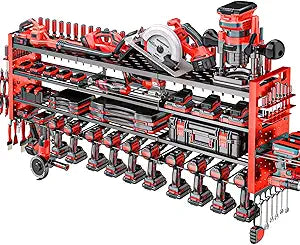 49.8" W Large Power Tool Organizer Wall Mount, Heavy Duty Tool Organizer with 14 cordless Drill Holder, 4 Layers Garage Organization and Storage Rack, Tool Rack for Garage Workshop, Red