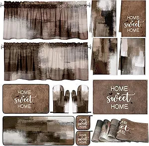 16 Pcs Abstract Art Kitchen Decor Set 4 Brown Kitchen Towels 2 Non Slip Rugs and Mats for Floor 2 Modern Oven Mitts Gloves 2 Pot Holders 4 Placemats 2 Art Abstract Curtains for Home Decoration Gift