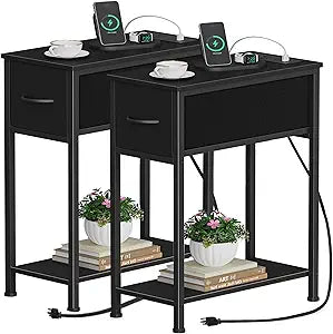 Vagusicc End Table Set of 2 with Charging Station, Small Side Table with Fabric Drawer and Bottom Storage Shelf, Narrow Nightstand Beside Table for Small Spaces, Living Room, Bedroom, Black