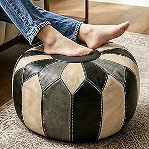 Thgonwid Round Unstuffed Pouf Cover, Faux Leather Storage Ottoman, Boho Moroccan Foot Stool, Multi-Purpose Home Decor for Living Room, Bedroom and Balcony, Black Grey, No Filling Included