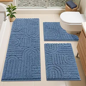 Vaukki Bathroom Rugs Sets 3 Piece, Blue Washable Non Slip Soft Bath Mats for Shower and Tub, Plush Absorbent Microfiber Toilet Rug U Shaped, 48x20+26x18+24x20 Inch