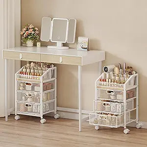 HapiRm Rolling Makeup Organizer Cart- Under Desk Vanity Storage with 3 Drawers, Floor Nail Cart Skincare Organizers Cosmetics Display Cases for Nail Polish Perfume Makeup Brush Hair Tool, White