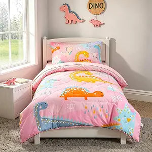 Toddler Bedding Set for Girls, 4 Piece Dinosaur Toddler Comforter Bed Set