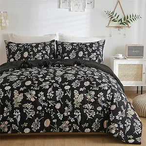 KAKIJUMN Botanical Floral Comforter Set King Size, 3 Piece, Black