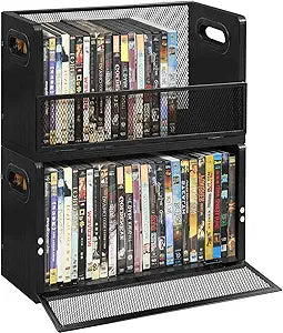 DVD Storage Rack 2-Pack with Handles, Holds 56 DVD or 64 Blu-ray Cases | Portable DVD Case Holder for Desktop, Closet, Video Games, Books & Movies, Black