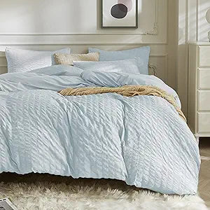 JELLYMONI Baby Blue Duvet Cover Full Size, 3pcs Washed Microfiber Bedding Set, Soft Breathable Seersucker Duvet Cover Set with Zipper Closure and Corner Ties for All Seasons