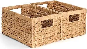 Set of 2 Wicker Shelf Storage Baskets for Organizing - Natural Durable Water Hyacinth Woven Basket Pantry Bin Organizers for Shelves with Handles for Home & Decor Organization, 12.5 x 8 x 6.5