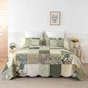 YAYIDAY Oversized King Bedspreads Patchwork Quilt Set (120x118 Inch) | 100% Cotton Reversible Breathable Floral Quilted Coverlet with Pillow Shams Fit All Season