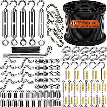 164FT Outdoor String Light Hanging Kit | Black Vinyl-Coated 304 Stainless Steel Wire Rope | Turnbuckles & Hooks | Rustproof Easy Install Set for Patio, Backyard, Garden