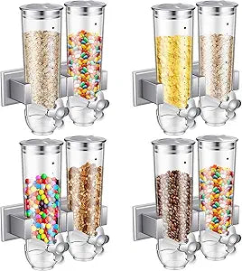 Huwena 4 Sets Cereal Containers Storage,3L Each Set Wall Mounted Cereal Dispenser Dry Food Dispenser Grain Storage Dispenser for Candy Oatmeal Coffee Bean Nuts Food Container (Silver)