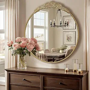 Growsun Round Wall Mirror with Vintage Gold Floral Frame  28 Inch Decorative Wall Mirror for Living Room, Bedroom, Entryway, Bathroom Vanity  Elegant Antique Accent Home Dcor