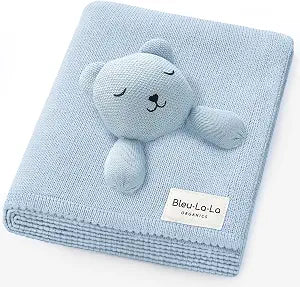 Blanket Lovey 100% Organic Cotton Baby Blanket with Comfort Lovey, Soft Security Blanket for Newborns & Toddlers (Bear- Sky Blue)