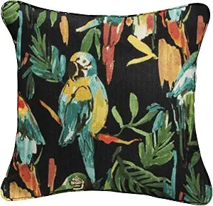 Set of 2 Black with Macaws Corded Indoor and Outdoor Decorative Square Pillows, 18"