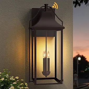 - Dusk to Dawn Outdoor Wall Light, Large Size Waterproof Patio Lanterns, 3-Light Brown Exterior Wall Mount Outside Sconce with Glass for House