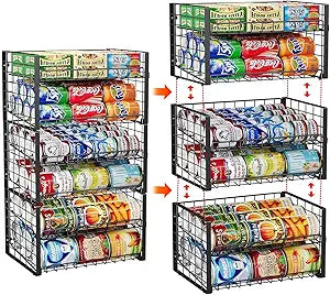 JKsmart 2-Tier Stackable Rack Organizer for Pantry, Adjustable Dispenser Holds Up to 88 Cans, Storage Holder for Various Ounces of Canned Drinks, Black, 3 Pack