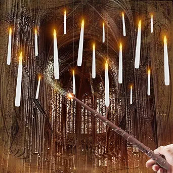 Raycare 20 Pcs Floating Candles with Wand, Hanging Candle with Timer, Magic Deco Candles Flickering Warm Light, Flameless Taper Candle with Remote, LED Candlesticks for Birthday Halloween Party Decor