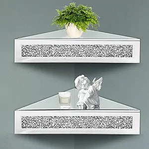 Royxen Corner Floating Shelves 2 Sets, Corner Shelf Wall Mounted Crushed Diamond, Corner Shelves Crystal Mirrored, Floating Corner Shelves for Wall