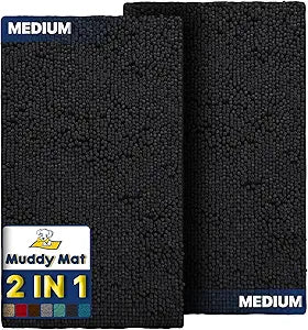 Muddy Mat 2-Piece Black Medium 30"X19" AS-SEEN-ON-TV Highly Absorbent Microfiber Door Mat, Bath Mat and Pet Rug, Non Slip Thick Washable, Soft Chenille for Kitchen Bathroom Bedroom Indoor and Outdoor