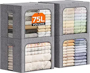 Lifewit Clothes Storage Bins with Metal Frame, Stackable Storage Box, Foldable Clothing Storage Bins with Lids, 75L Storage Bags Fabric Box Organizer with Clear Window Zippers Sturdy Handles 4 Pack