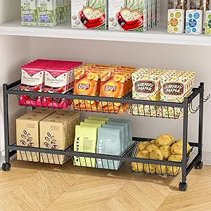 2-Tier Rolling Pantry Cart on Wheels with 6 Removable Baskets, Sturdy Pantry Floor Organizer and Storage, Kitchen Storage Cart for Fruit Vegetables, Snack Organizer for Pantry Kitchen Living Room