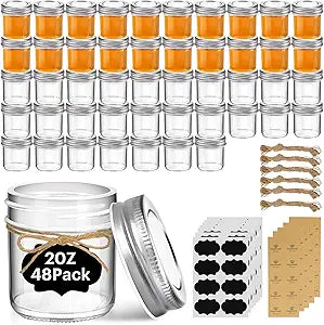 ComSaf Small Mason Jars 2 oz, 48 Pcs Mini Mason Containers, Small Canning Jars, Mini Glass Jar with Lids for Ginger Shots, Honey, Jams, Sauces, Spices, DIY Candle Decor, Dressing, Wedding Favors