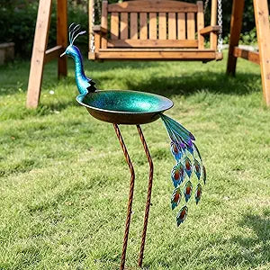 36" H Peacock Bird Baths for Outdoor, Metal Bird Feeder Seed Trayr,Outdoor Bird Bath,Garden Lawn Yard Decor