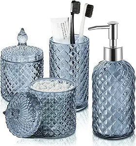 RYTOXILO Blue Bathroom Accessories Set, 4 Pack Light Blue Bathroom Decor Accessory Sets Complete, Diamond Glass Soap Dispenser and Toothbrush Holder Set for Bath Counter Organizer Essentials