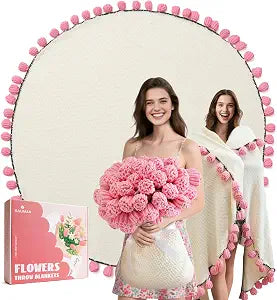 Flower Bouquet Blanket, Birthday Gifts for Mom Teacher Women Grandkids Wife Girlfriend Her, Crochet Flower Blanket, Soft Knitted Throw Blankets for Teacher Appreciation Housewarming Gifts (Pink roses)