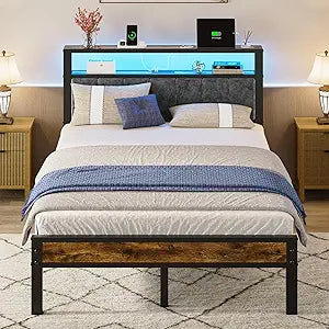 Liians Full Size Platform Bed Frame with LED Lights, Charging Station, Grey Upholstered Headboard with 2-Tier Storage Shelves, Noise Free, No Box Spring Needed