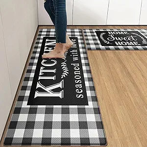 Arttown Black White Anti-Fatigue Kitchen Rug Set of 2 Buffalo Plaid Cushioned Floor Standing Mat Waterproof Non-Slip Mat and PVC Ergonomic Comfort Foam Rug