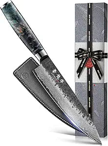 Japanese Chef Knife 8", Hand Forged 67-Layer Damascus VG10 Core Kitchen Knife for Home & Professional Chefs, Razor Sharp Chef's Knives with Leather Sheath, Premium Father Day Gift for Dad Husband