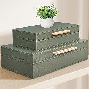 Decorative Box, Decorative Boxes with Lids 2-Set, Memory Box for Keepsakes, Beautiful PU Leather Decorative Storage Boxes in Style, Decor Box with Rose Metal Handle, Store Photos, Documents Green