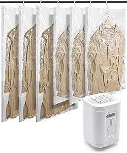 BAGSMART 6 Pack Hanging Vacuum Storage Bags for Clothes, Space Saver Bags for Closet Organization, Air-tight Vacuum Sealer Bags for Heavy Coats, Suits, Dresses, Jackets, Hand Pump Included