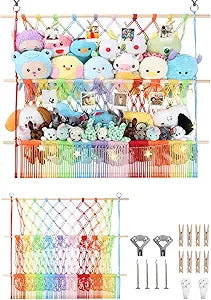 2 Tier Stuffed Animal Storage Shelf Net, 35x30'' Large Plushie Net w/ 2.4/1'' Dense Mesh for Mini Medium Stuffy Teddy, Rainbow Boho Macrame Toy Holder Display w/ Lights&Clips for Nursery Kid Girl Boy