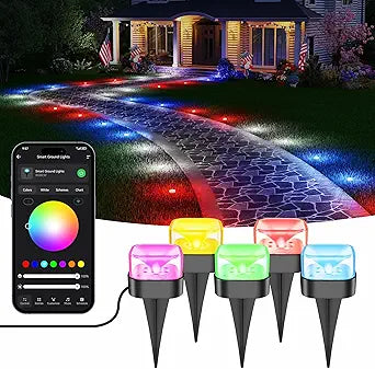 Brizled Smart RGBCW Color Changing Outdoor Ground Lights, 50FT 130LM 15 Pack Red White Blue LED Pathway Lights, App/Voice Control Landscape Lighting for Independence Day Christmas Garden Yard Walkway