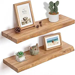 Fun Memories Floating Shelves for Wall, 24"x9.3" Solid Wood Floating Live Edge Shelf, Heavy-Duty Wall Shelf with Invisible Brackets, Set of 2 for Living Room, Bedroom, and Kitchen, Natural Finish