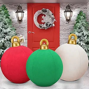 Jetec 3 Pcs 32 Inch Giant Velvet Christmas Inflatable Balls Ornament Flocked Xmas PVC Inflatable Flocked Ball Ornaments for Christmas Holiday Outdoor Blow up Yard Decor(Red, Green, White)