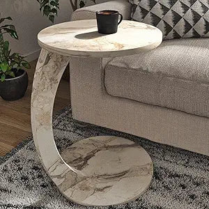 C Shaped End Table for Couch Small Places, Faux Marble Engineered Wood Space Saver Round Side Table for Sofa and Bedside with Wheels, Coffee and Snack Time Tray for Living Room (White Marble)